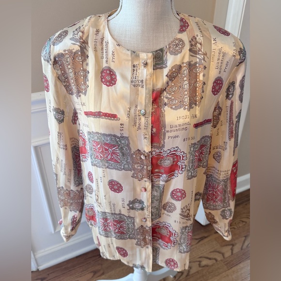 Martinique vintage Women's Sz 10 Button Up Blouse Cream Green Orange - Picture 2 of 16